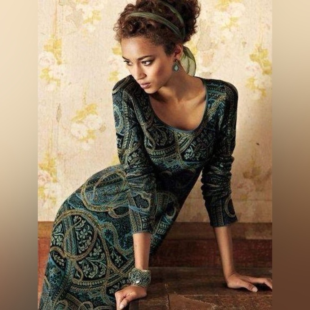 Peruvian Connection 100% cotton paisley knit dress, women’s M-blue, gold, olive
